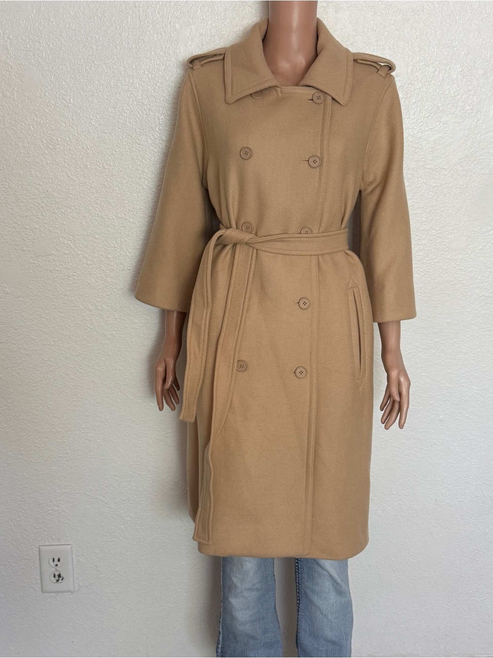 DVF Diane von Furstenberg Loretta Camel Wool Blend Double Breasted Trench Coat